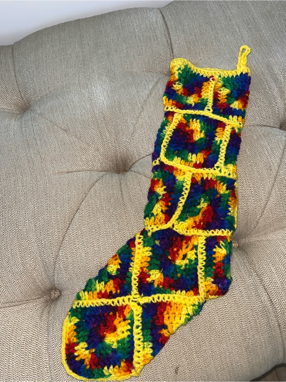 Handmade Multicolor Crochet Christmas Stocking - Yellow Trim - Picture 3 of 3